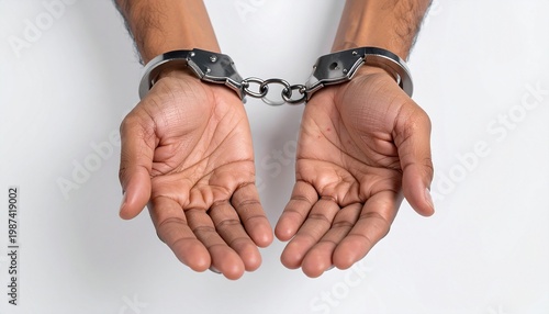 Person's cuffed hands on a plain background, depicting the concept of crime and justice