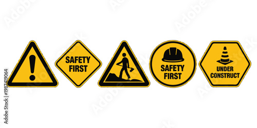 A Set of Five Yellow and Black Safety Warning Signs for Construction Sites and Workplaces
