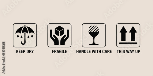 Essential Shipping and Handling Instruction Symbols for Fragile and Sensitive Goods Keep Dry, Handle with Care, and This Way Up Packaging Icons Set