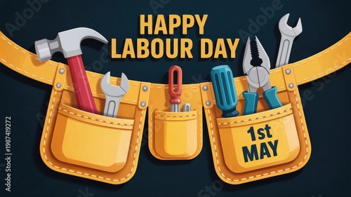 Happy Labour Day 1st May Illustration. A vibrant yellow tool belt holds a hammer, wrench, screwdriver, and pliers, symbolizing workers' dedication and celebrating International Workers' Day.