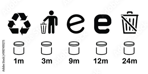 Recycling Symbols and Trash Can Icons with Time Durations