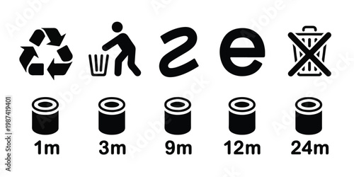 Recycling and waste management symbols with different disposal timeframes indicated for bins