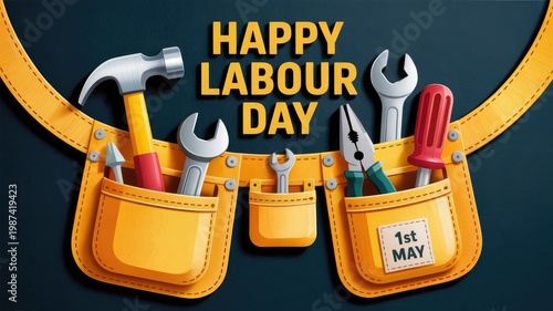 Happy Labour Day 1st May illustration with a vibrant tool belt, hammer, wrenches, pliers, and screwdriver. Celebrating workers and international holiday.