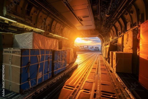 Boxes and cargo containers filling a military transport aircraft at an airfield during sunset
