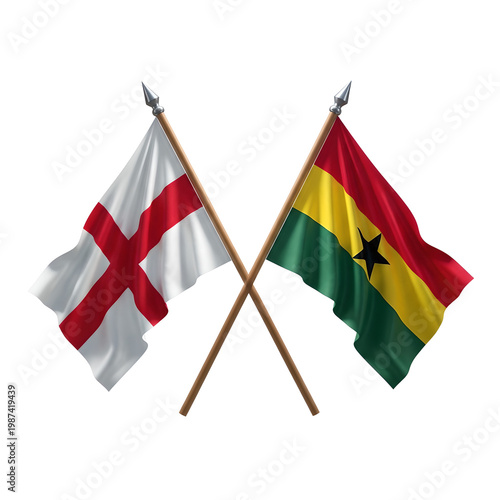 Two national flags england and ghana crossed and waving proudly on poles against a white background