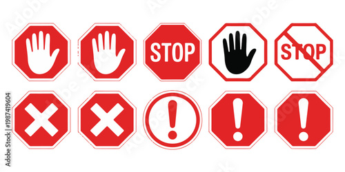 Collection of Stop Signs and Warning Symbols Including Hand Gestures and Exclamation Marks