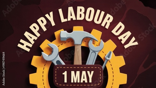Happy Labour Day 1 May with Tools & Gear Illustration. International Workers' Day Banner.