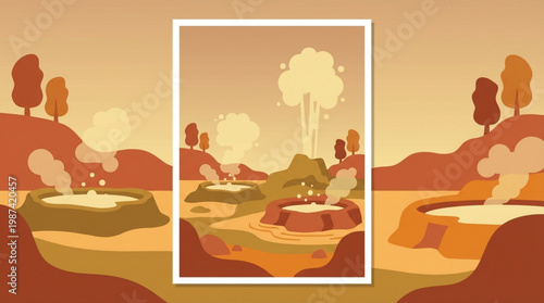 Volcanic landscape with smoking craters.