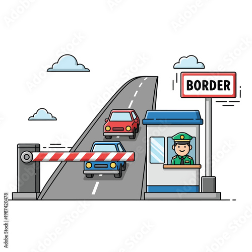 International border crossing point with barrier, checkpoint, and customs officer processing vehicles for entry