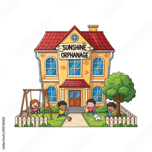Illustration of an orphanage with children playing outside in the yard with swings and a tree