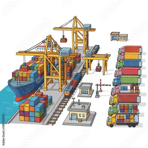 Busy shipping port with cargo containers being loaded onto ships and trucks for global trade
