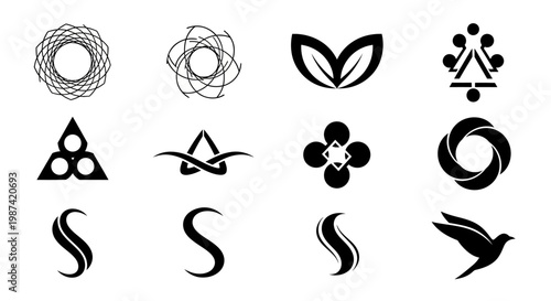 Collection of unique black and white abstract logos and symbols on a plain white background for branding and design