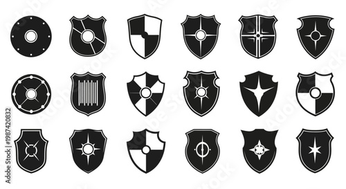 Collection of black and white shield icons with various designs on a plain white background for graphic design use