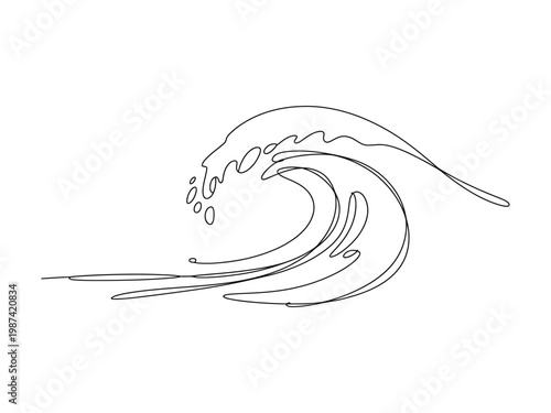 Continuous line drawing of a crashing ocean wave in a minimalist one line art style  a single flowing wave