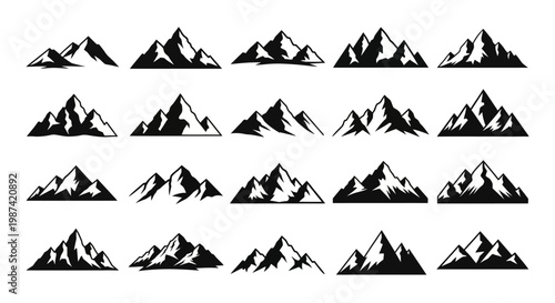 Mountain range silhouettes in black and white various peak shapes and sizes on plain background