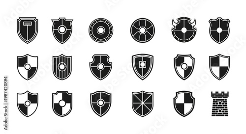 Collection of black and white heraldic shields and crests for design and branding purposes