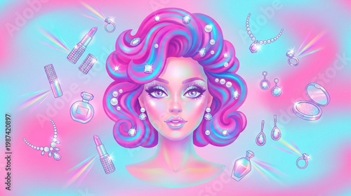 Woman with colorful curly hair style.