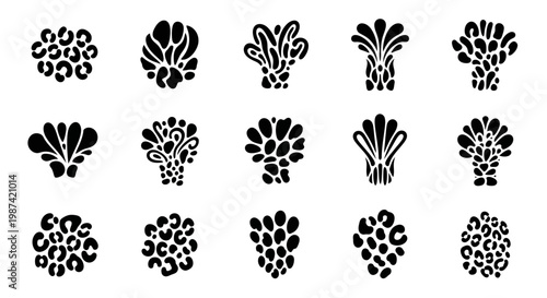 Set of black floral patterns and shapes on white background for design and decoration