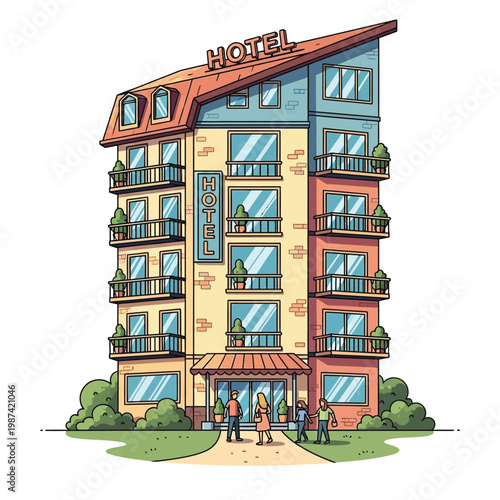 Cartoon hotel building with balconies and people standing outside during daytime with lush green bushes