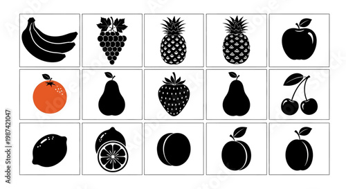 Assorted fresh fruit icons in black and orange on white background for design use