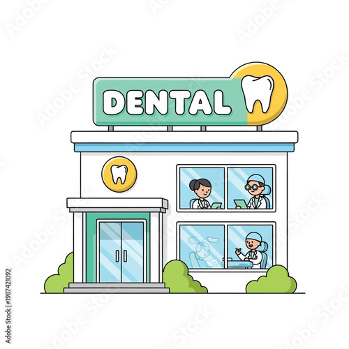 Professional Dental Clinic Building with Dentists Working Inside, Signage and Greenery