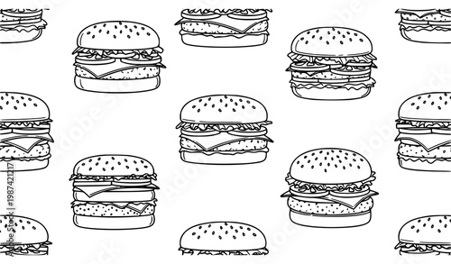Burger seamless pattern fast food cheeseburger outline vector repeat design