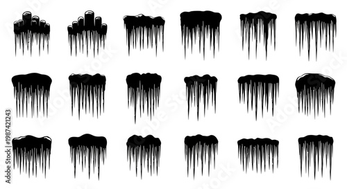Collection of black ink drips on white background various shapes and sizes abstract graphic elements for design
