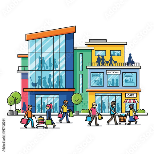 Illustration of a busy shopping mall with people carrying bags and shopping carts, a lively commercial hub