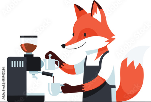 Cute fox barista preparing fresh espresso coffee using modern machine in cozy cafe vector illustration design