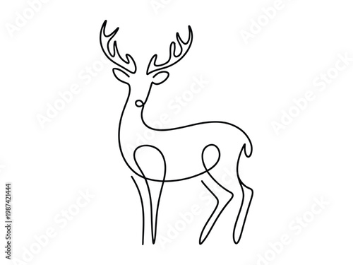 Continuous line drawing of a deer with antlers standing alone  minimalist animal art