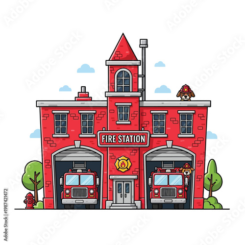 Vibrant cartoon illustration depicting a friendly community fire station ready for emergency response and public safety