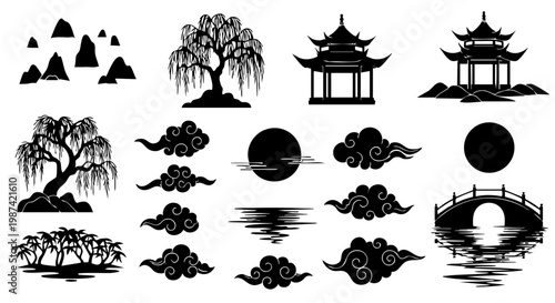 Collection of traditional black oriental landscape silhouettes featuring pagodas and decorative clouds