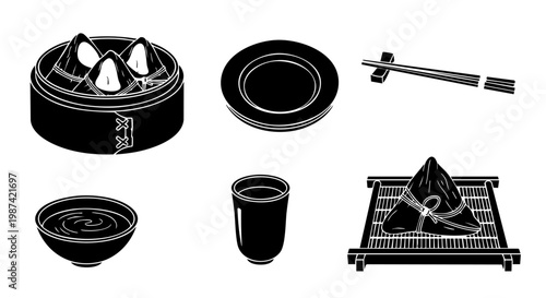 Minimalist black silhouette vector icons featuring traditional rice dumplings steamer basket and asian dining utensils