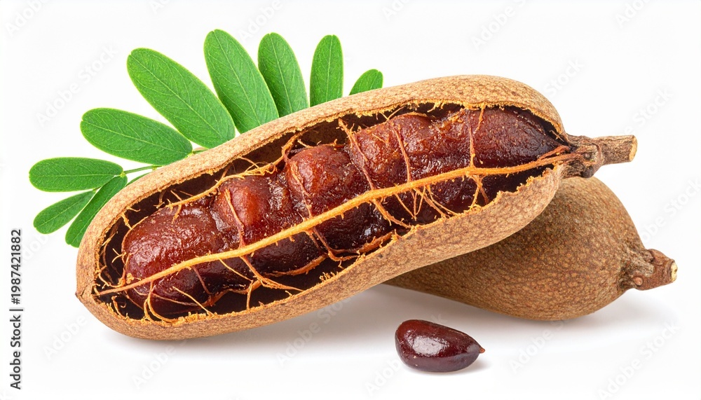 Fototapeta premium Tamarind fruit cut in half revealing the brown flesh, isolated on a white background.
