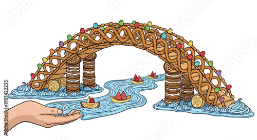 Decorative gingerbread bridge illustration with festive lights and boats