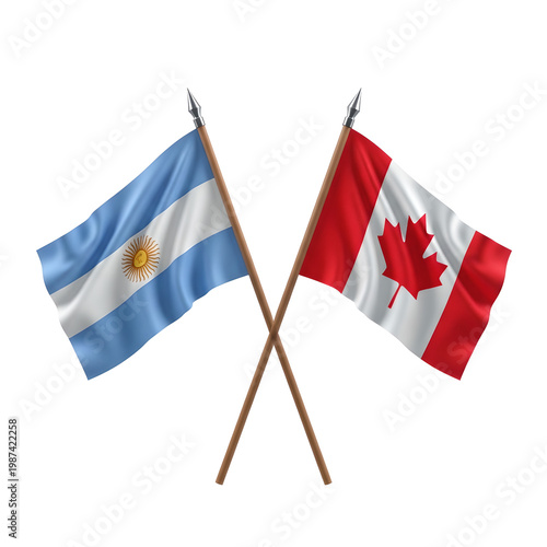 Two national flags argentina and canada crossed on wooden poles against a white background