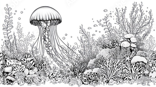 Black and white detailed illustration of a jellyfish among coral and aquatic plants