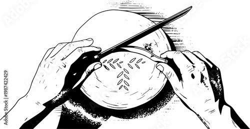 A top-down shot of flour-covered hands using a traditional lame to score bread. Warm bakery lighting, rustic wooden surfaces, focusing on "cultural specificity."