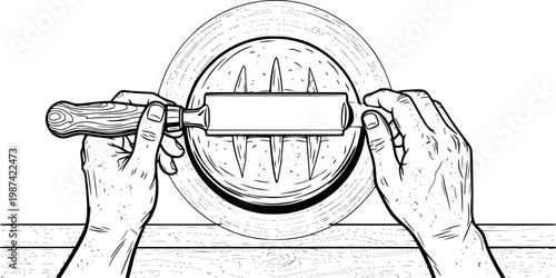 A top-down shot of flour-covered hands using a traditional lame to score bread. Warm bakery lighting, rustic wooden surfaces, focusing on "cultural specificity."