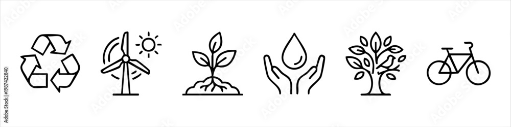 Fototapeta premium Ecology icon set featuring recycling, renewable energy, plant growth, water conservation, nature, and green transportation symbols for environmental sustainability concepts.
