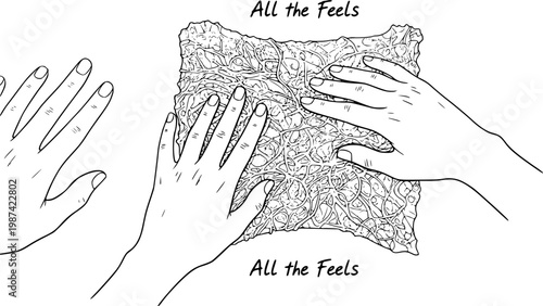 Macro shot of hands feeling the texture of a sustainable mycelium (mushroom) leather swatch. Earthy tones, visible organic fibers, low contrast, "All the Feels" aesthetic.