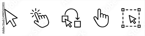 Vector icon set of mouse cursor pointers including arrow, hand click, drag and drop, and selection tools for web design and user interface.