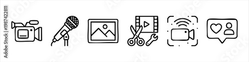 Set of hand drawn icons for video production, content creation, filmmaking, and social media marketing including camera, microphone, and editing tools.