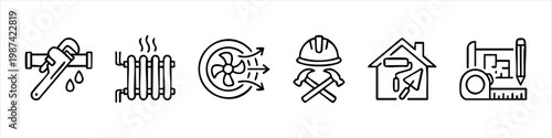 Collection of Home Repair and Construction Line Icons for Plumbing, Heating, HVAC, Renovation, and Architectural Planning