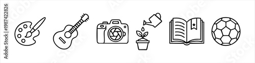 Set of minimalist line art icons representing various hobbies and leisure activities including painting, music, photography, gardening, reading, and sports