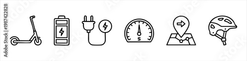 Electric Scooter Mobility Icon Set featuring Kick Scooter, Battery, Charging Plug, Speedometer, Navigation Map, and Safety Helmet