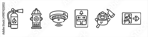 Fire safety and firefighting equipment icon set: fire extinguisher, hydrant, smoke detector, alarm, firefighter helmet, axe, and exit sign.