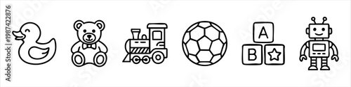 Vector set of hand-drawn toy icons featuring a rubber duck, teddy bear, train, soccer ball, alphabet blocks, and a robot. Simple black and white line art illustrations for kids and nursery.