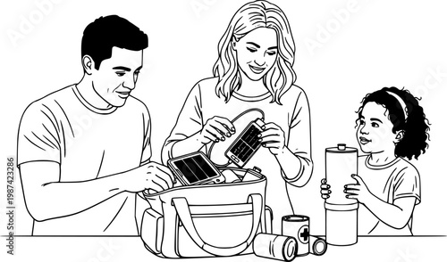 An authentic, candid shot of a diverse family (parents and child) organizedly packing a high-quality emergency bag with solar chargers and water filters. Natural lighting.