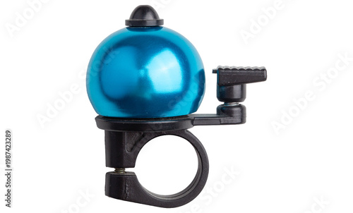 Blue bike bell mounted on a handlebar ring isolated on a white background